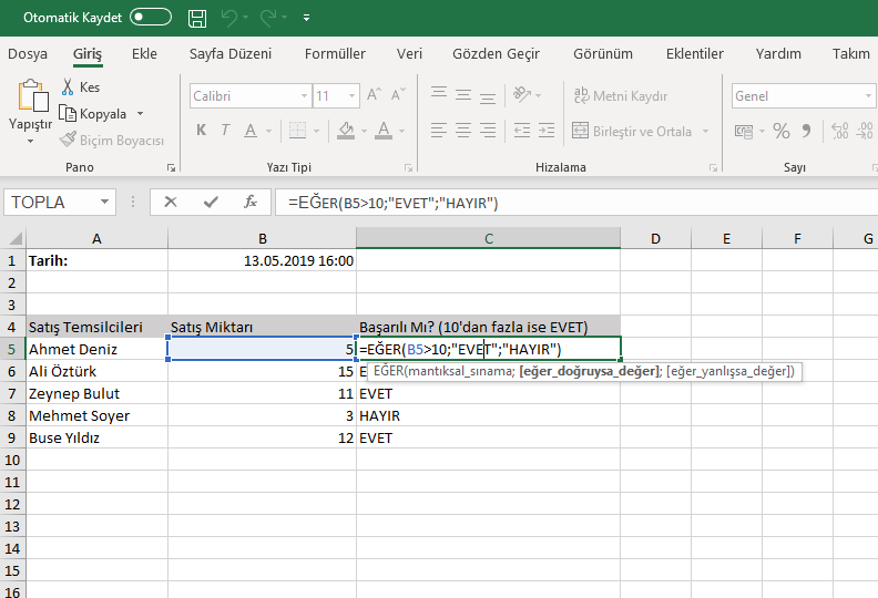 Excel EĞER formülü
